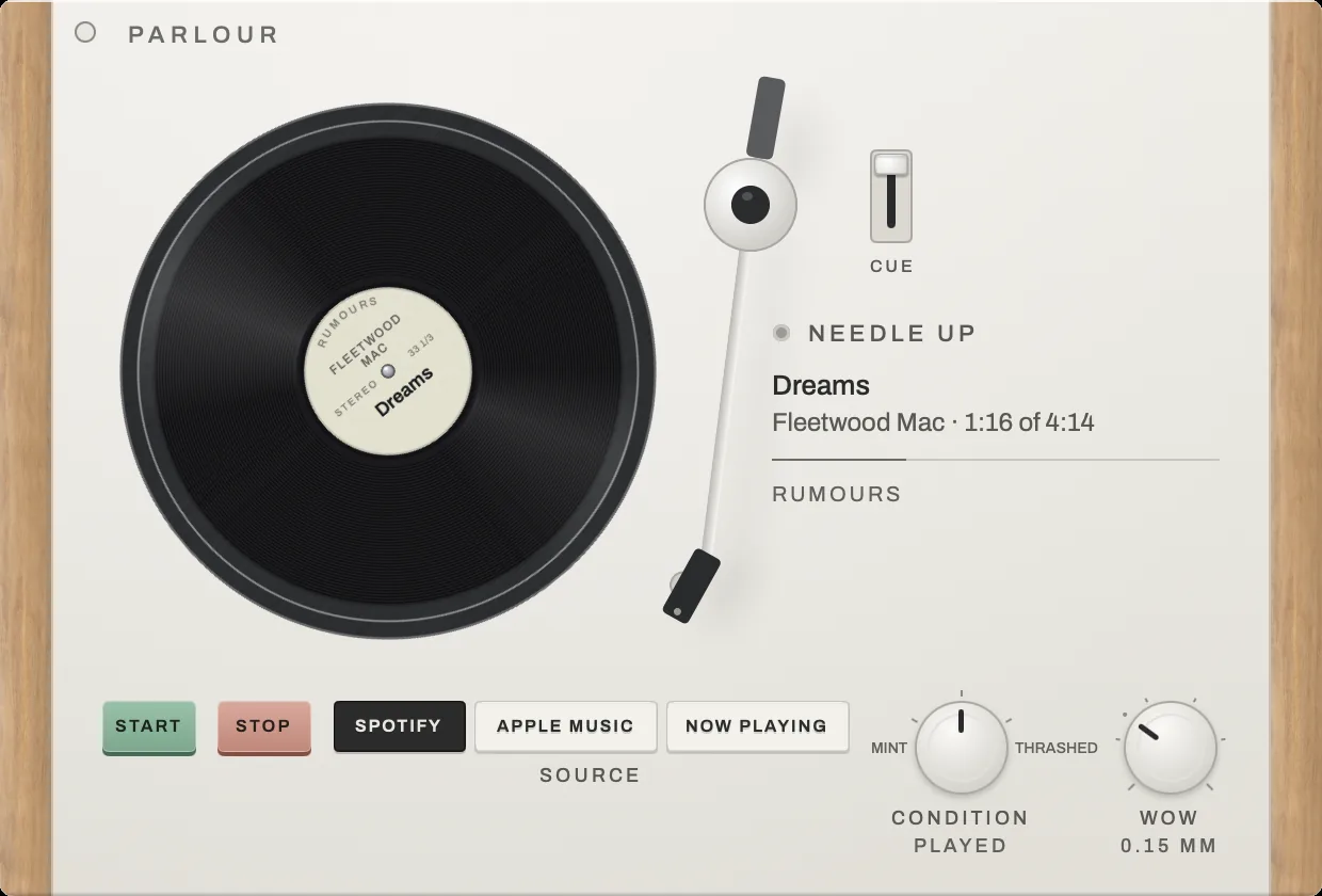 The Parlour player with the tonearm lifted off the record. The lamp reads Needle up; the record's label reads Dreams, Fleetwood Mac, Rumours.